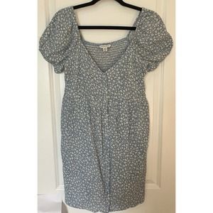 American Eagle Women's Blue Floral Print Short Puff Sleeve Button Dress Medium